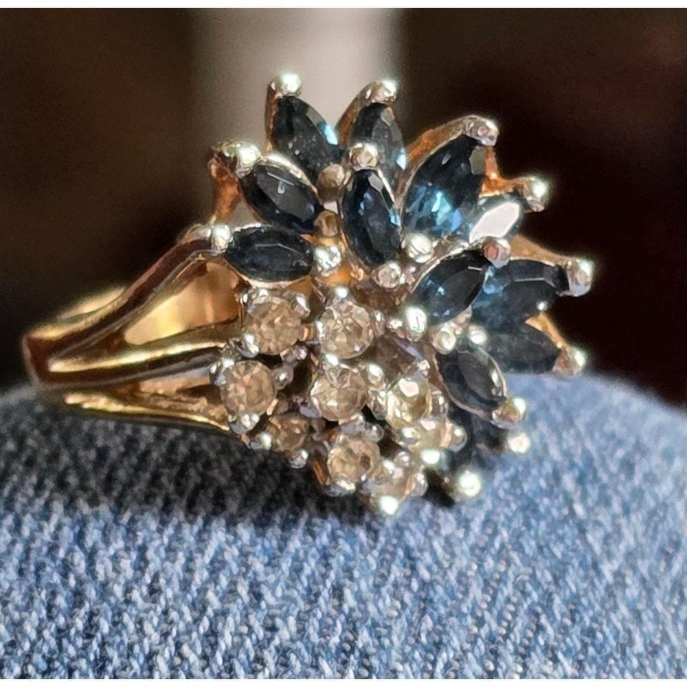 Panetta Cocktail Ring Synthetic Blue Sapphires & Clear Accents Size 6.25